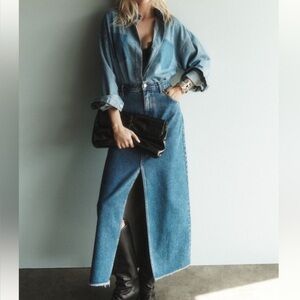 Anthropologie Denim Blue Maxi Skirt with Front Slit